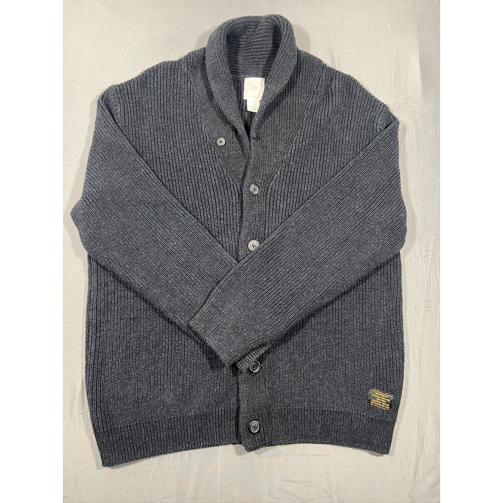 H&M Logg Cardigan Sweater Mens XL blue Tight Knit Ribbed Shawl Neck Winter